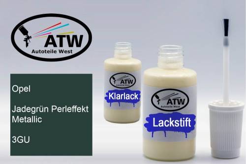 Opel, Jadegrün Perleffekt Metallic, 3GU: 20ml Lackstift + 20ml Klarlack - Set, von ATW Autoteile West.